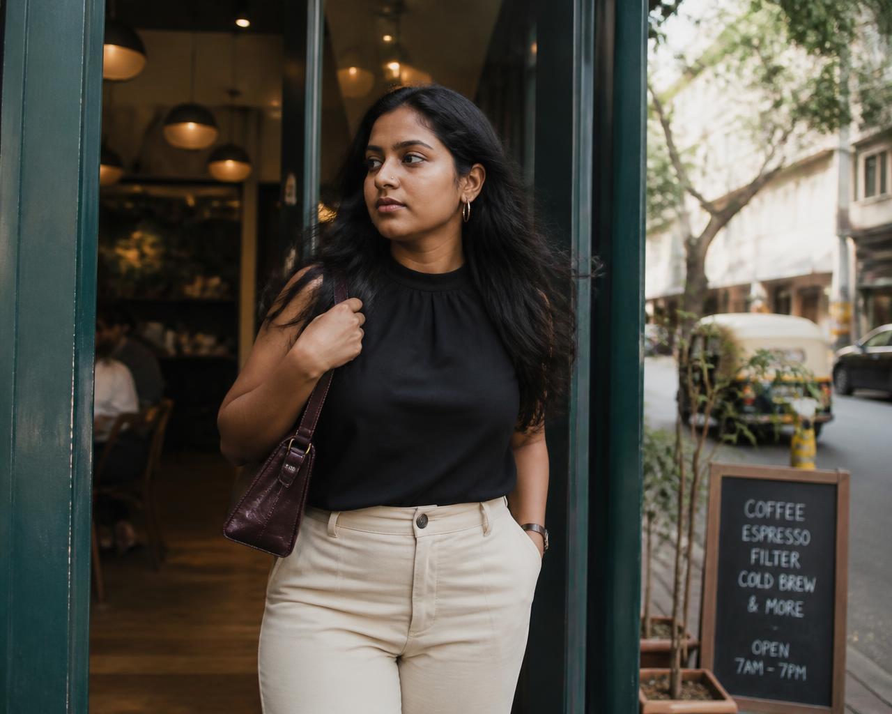 A woman moving through her day, at ease
